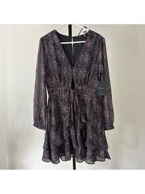 Femme by Design Black Dress with Pink Floral Speckle and Ruffle Hem, Size Medium